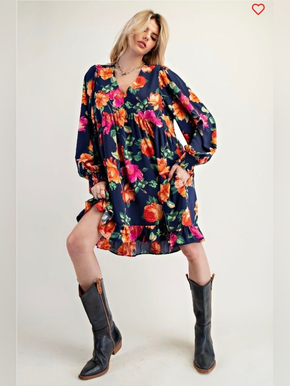 Easel Floral Sophia Twill Woven Dress Boho Floral Babydoll Dress  1X NWT
